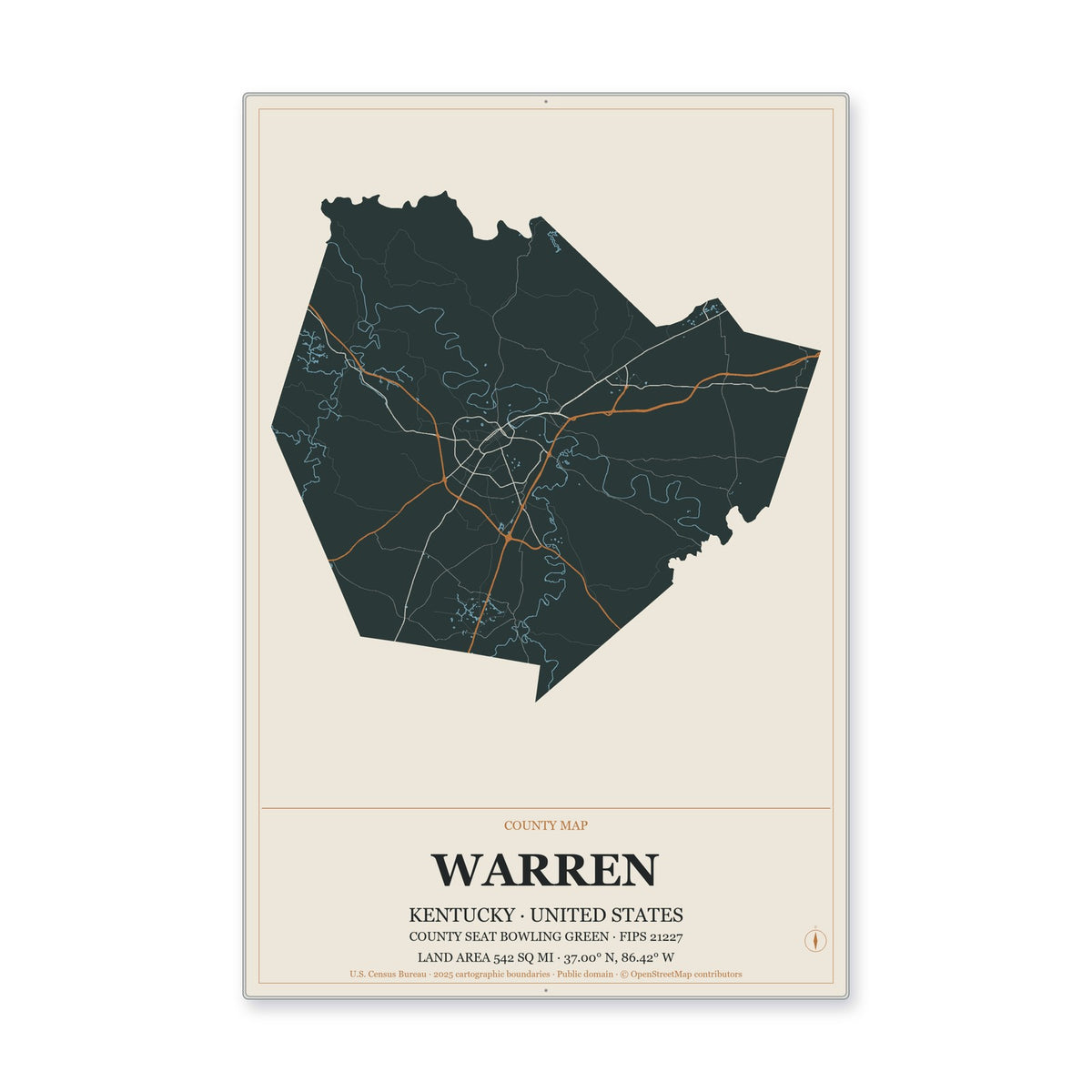 Warren County, Kentucky Map Aluminum Sign in Headline Atlas style
