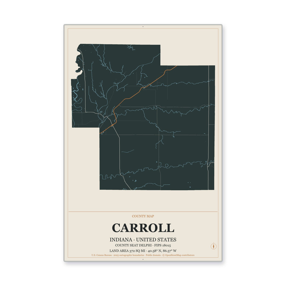 Carroll County, Indiana Map Aluminum Sign in Headline Atlas style