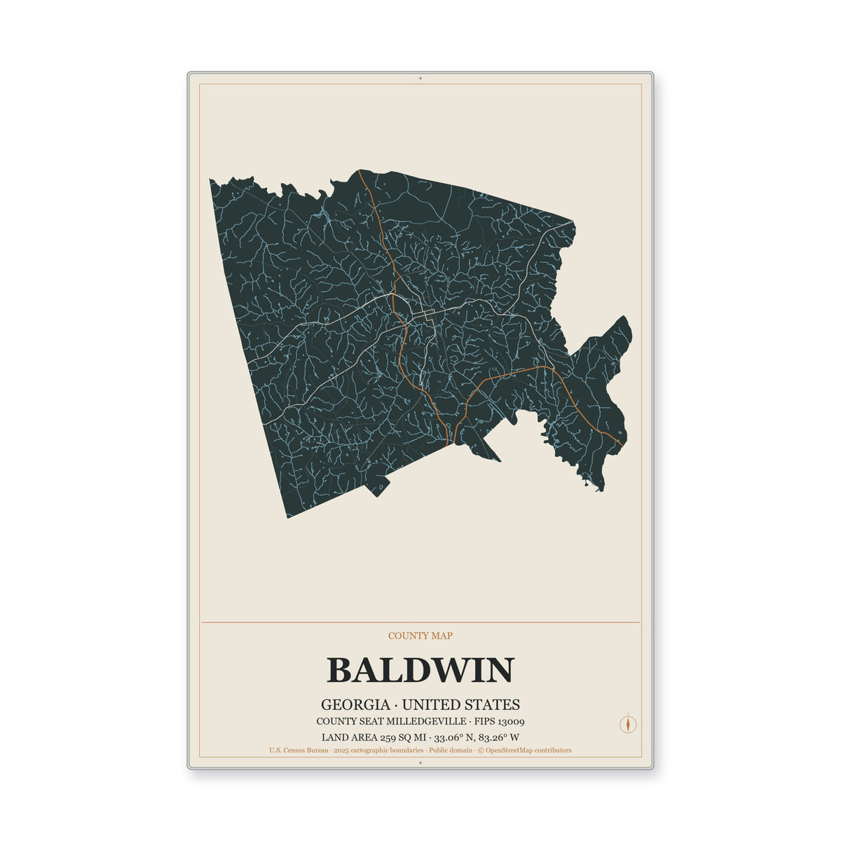 Baldwin County, Georgia Map Aluminum Sign in Headline Atlas style
