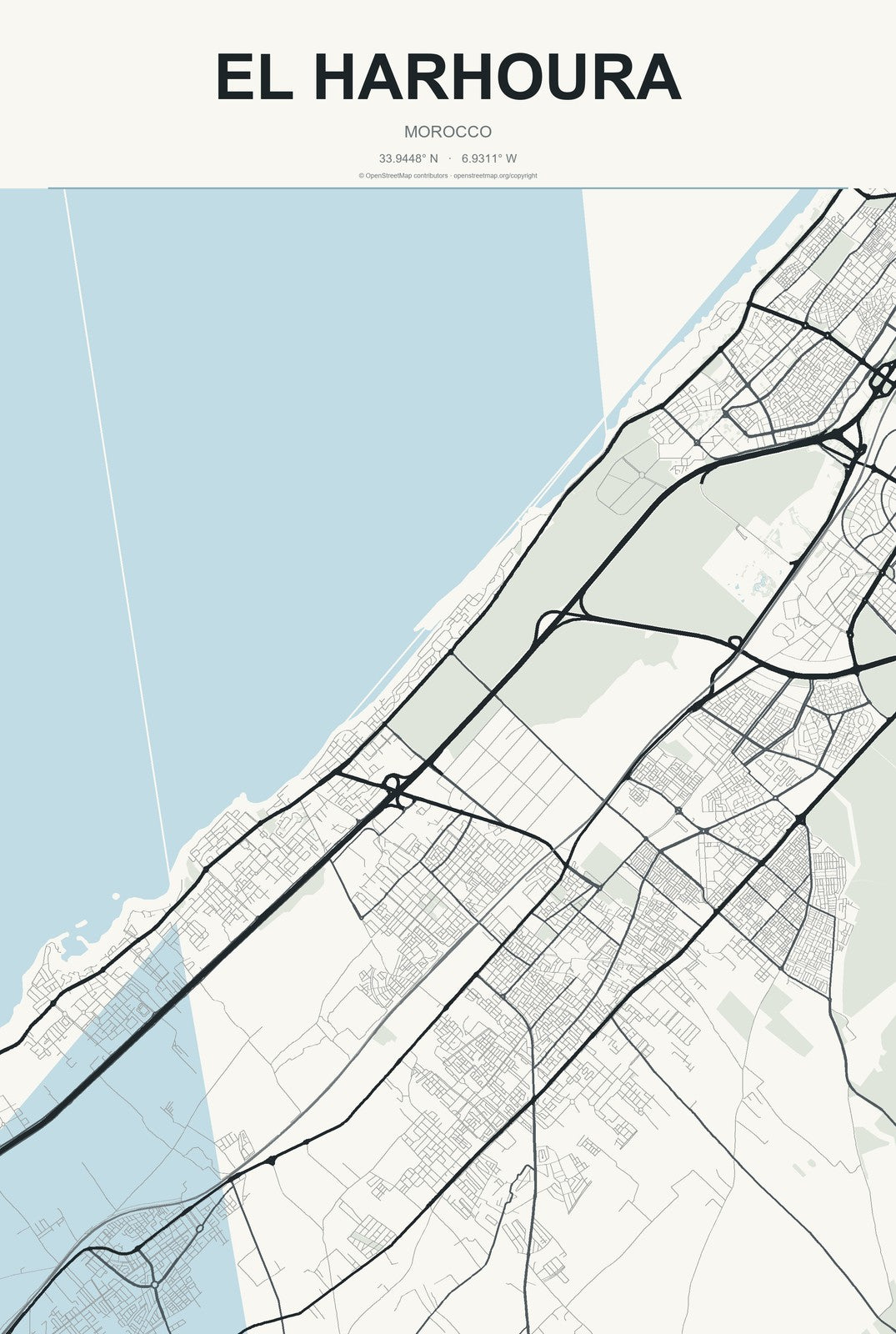 El Harhoura, Morocco City Map Aluminum Sign in Headline Atlas style