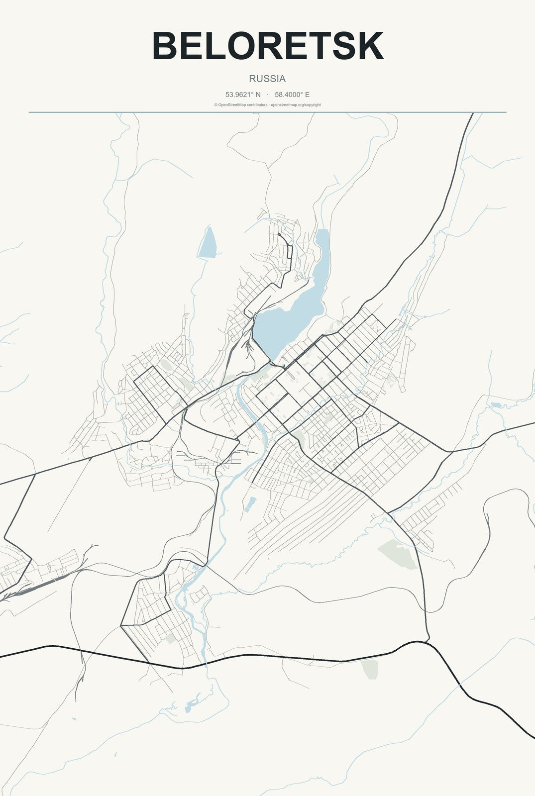 Beloretsk, Russia City Map Aluminum Sign in Headline Atlas style