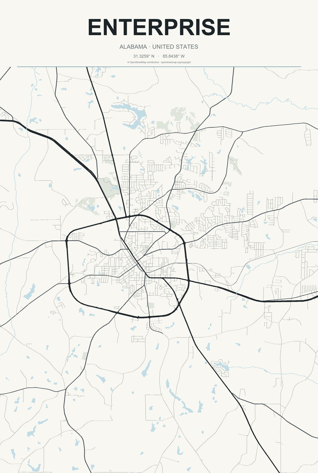 Enterprise, Alabama City Map Aluminum Sign in Headline Atlas style