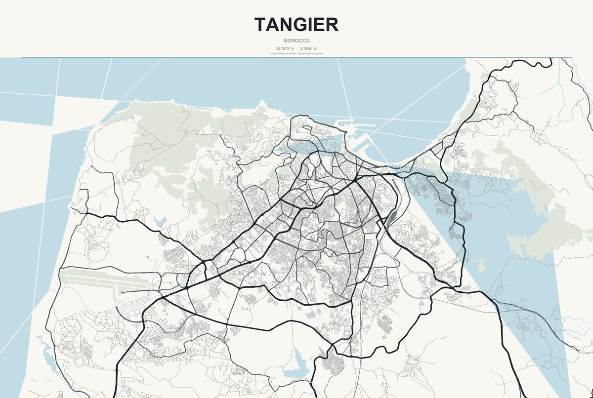 Tangier, Morocco City Map Aluminum Sign in Headline Atlas style