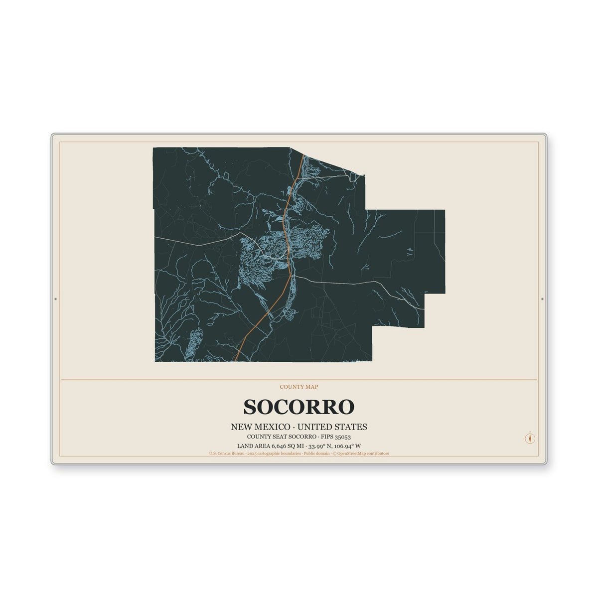 Socorro County, New Mexico Map Aluminum Sign in Headline Atlas style