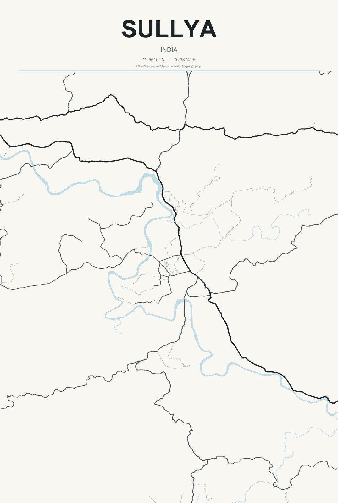 Sullya, India City Map Aluminum Sign in Headline Atlas style