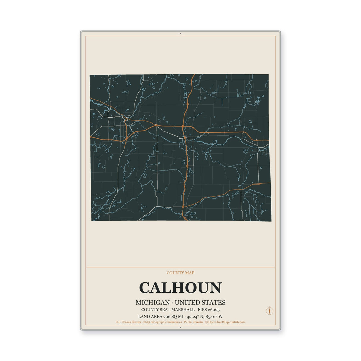 Calhoun County, Michigan Map Aluminum Sign in Headline Atlas style