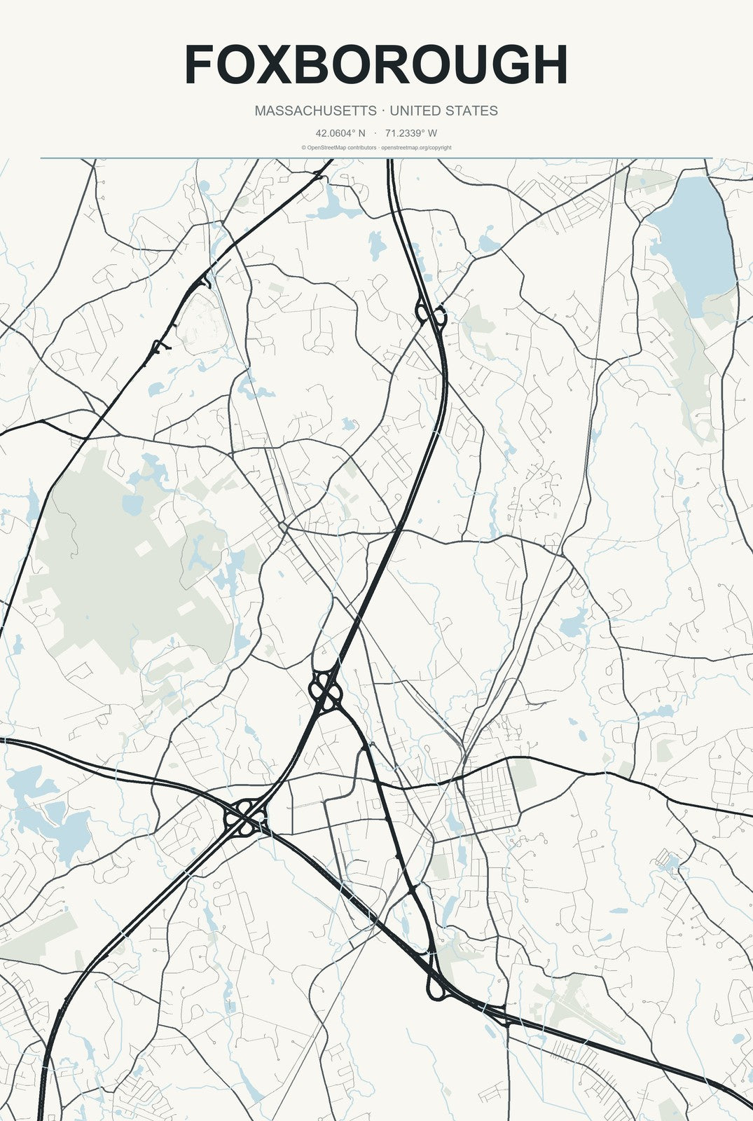 Foxborough, Massachusetts City Map Aluminum Sign in Headline Atlas style