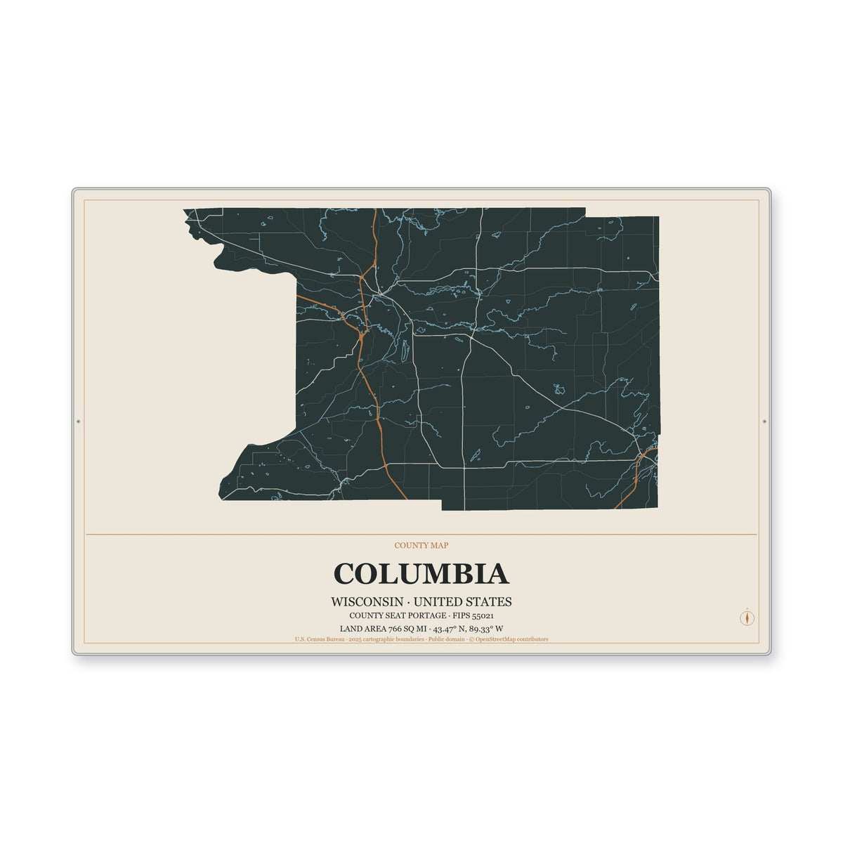Columbia County, Wisconsin Map Aluminum Sign in Headline Atlas style