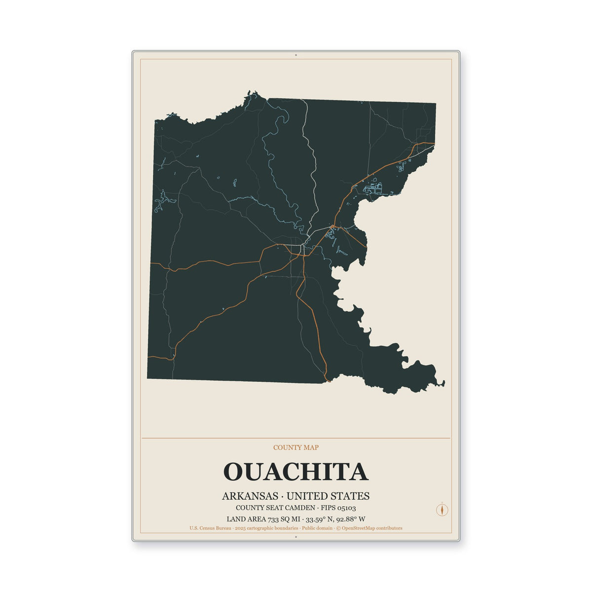 Ouachita County, Arkansas Map Aluminum Sign in Headline Atlas style