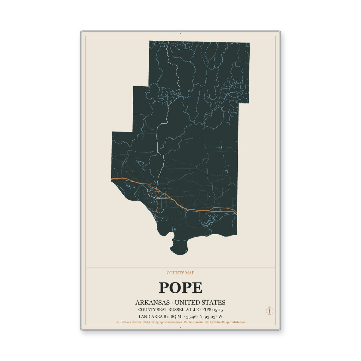 Pope County, Arkansas Map Aluminum Sign in Headline Atlas style