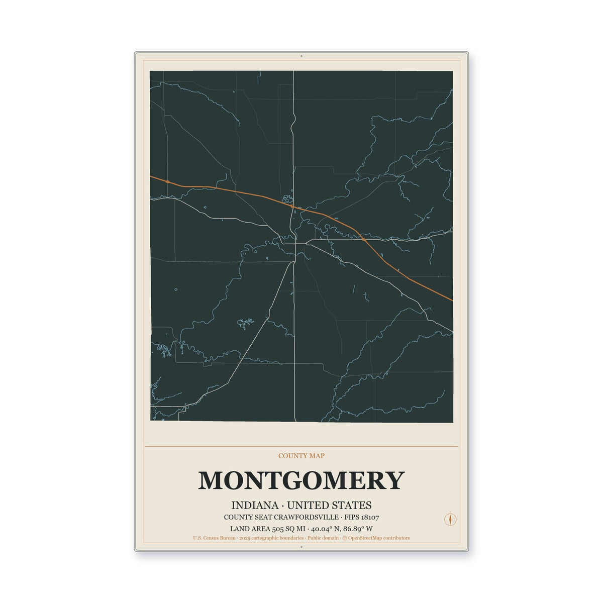 Montgomery County, Indiana Map Aluminum Sign in Headline Atlas style