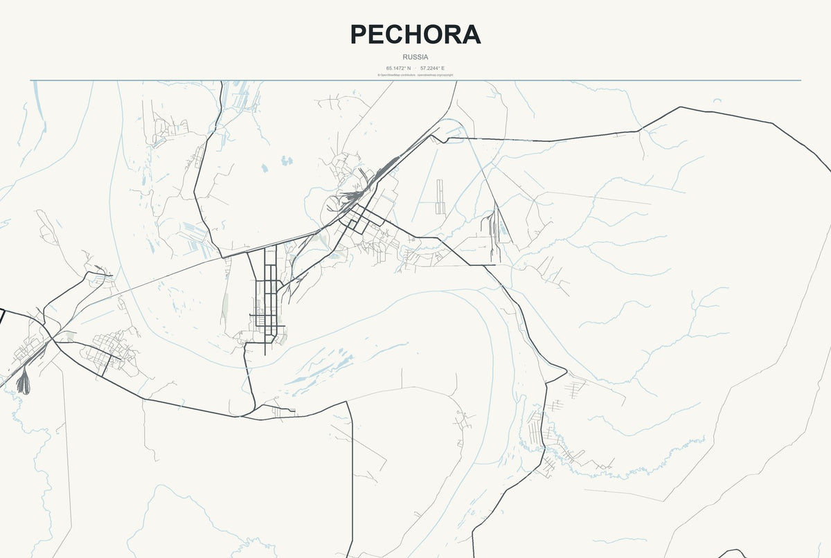 Pechora, Russia City Map Aluminum Sign in Headline Atlas style