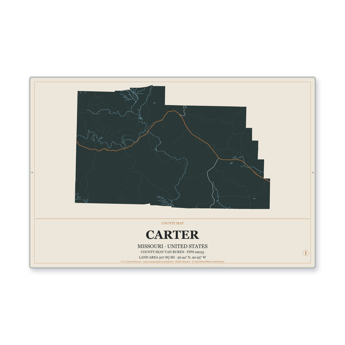Carter County, Missouri Map Aluminum Sign in Headline Atlas style
