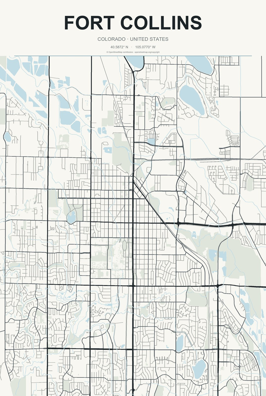 Fort Collins, Colorado City Map Aluminum Sign in Headline Atlas style
