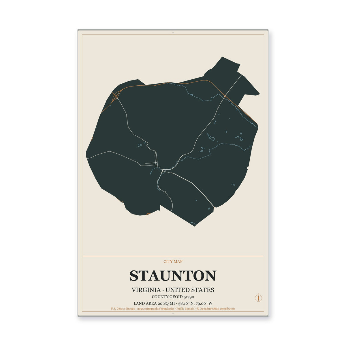 Staunton city, Virginia Map Aluminum Sign in Headline Atlas style