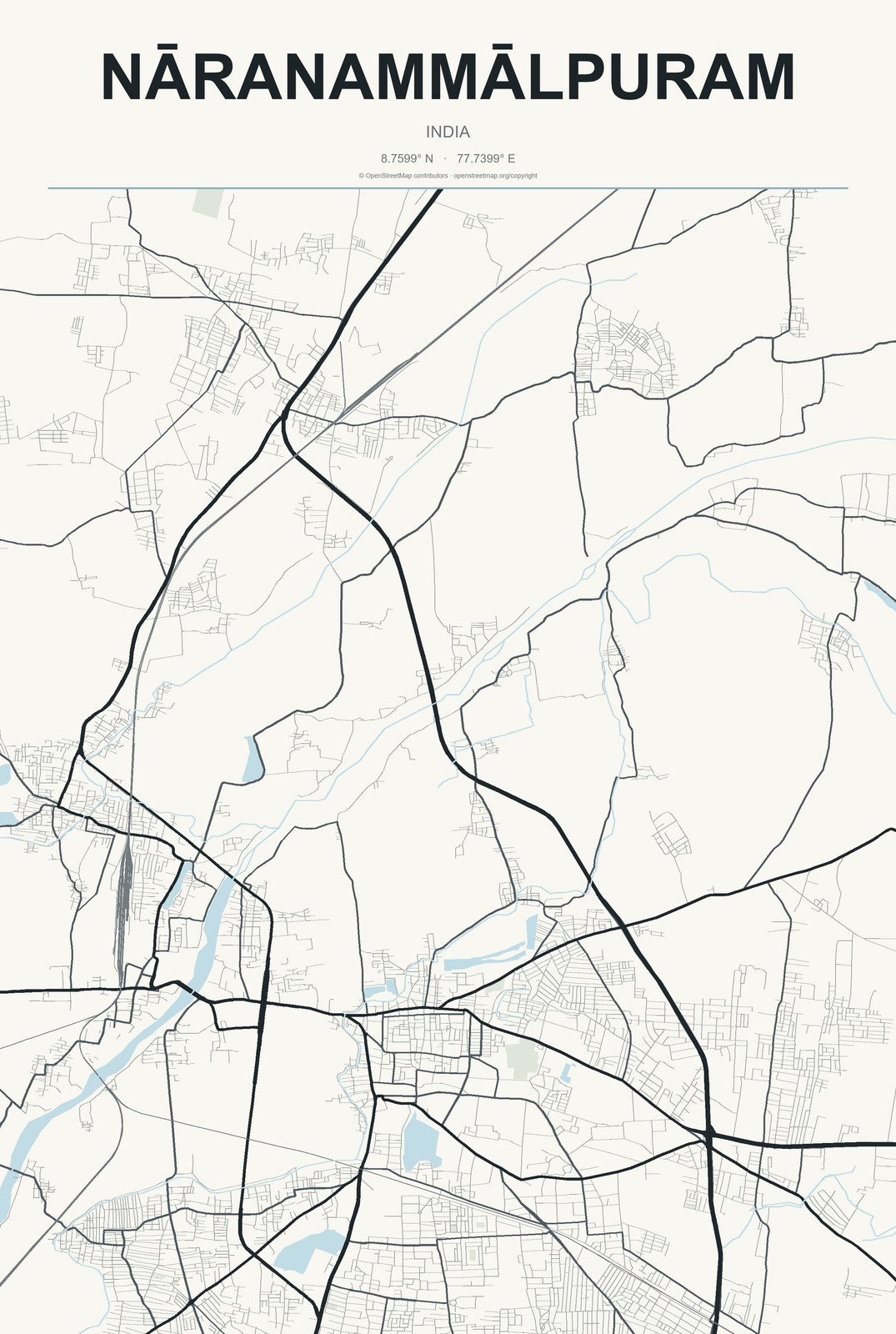 Nāranammālpuram, India City Map Aluminum Sign in Headline Atlas style