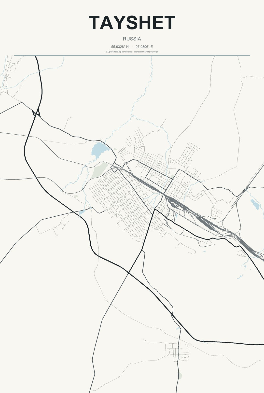 Tayshet, Russia City Map Aluminum Sign in Headline Atlas style