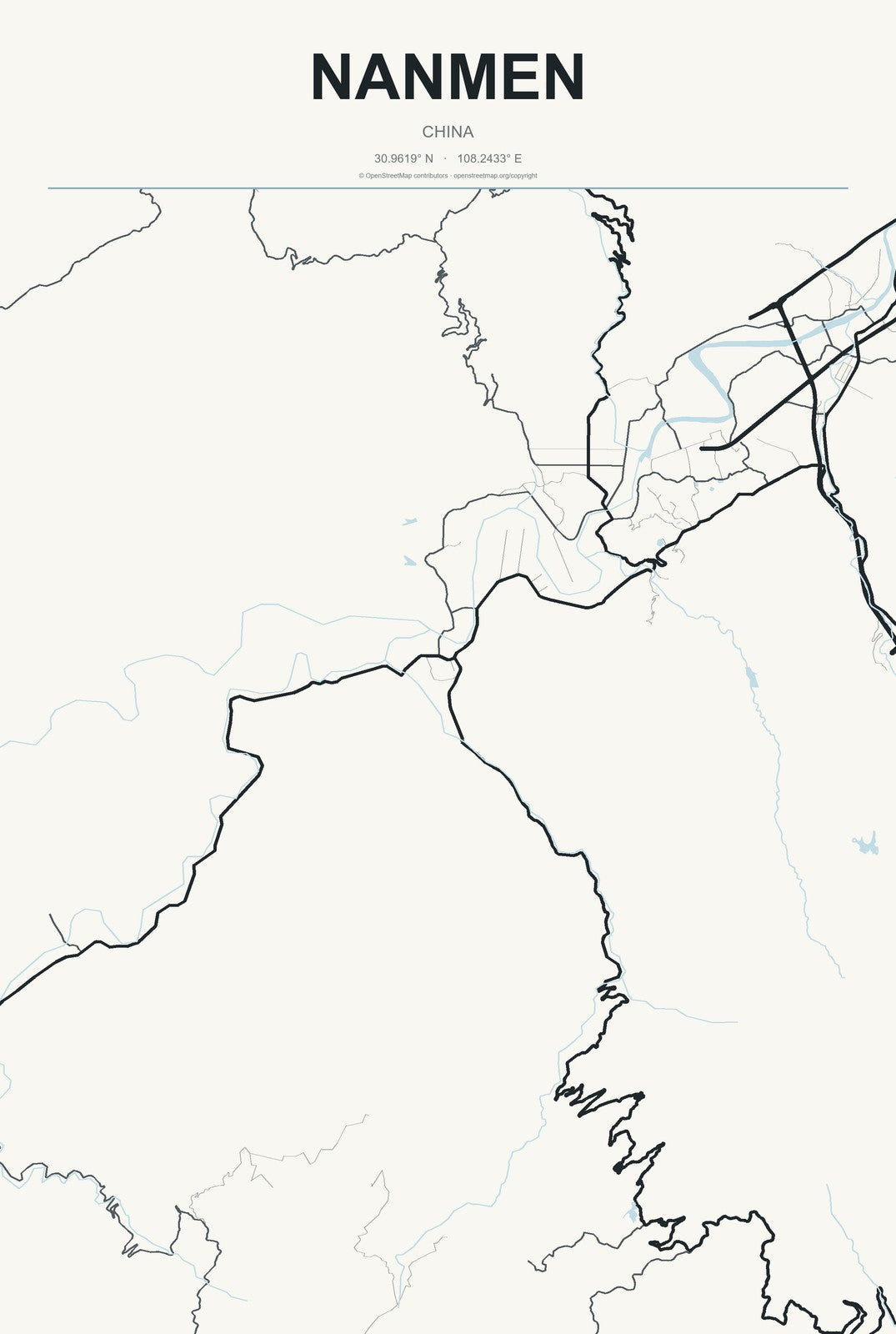 Nanmen, China City Map Aluminum Sign in Headline Atlas style
