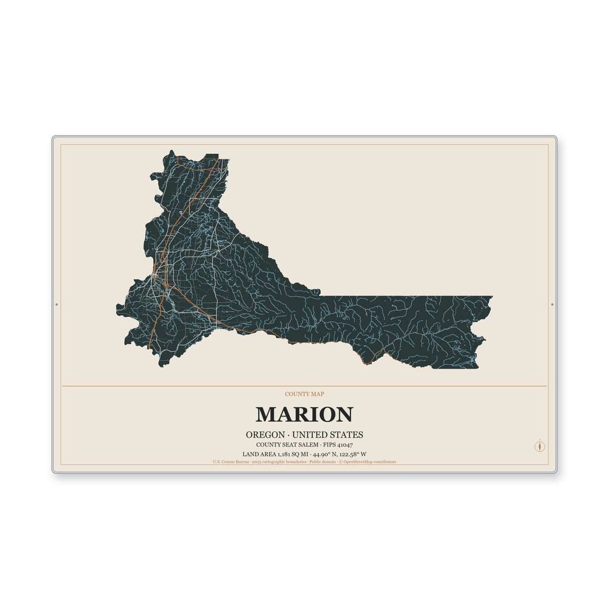Marion County, Oregon Map Aluminum Sign in Headline Atlas style