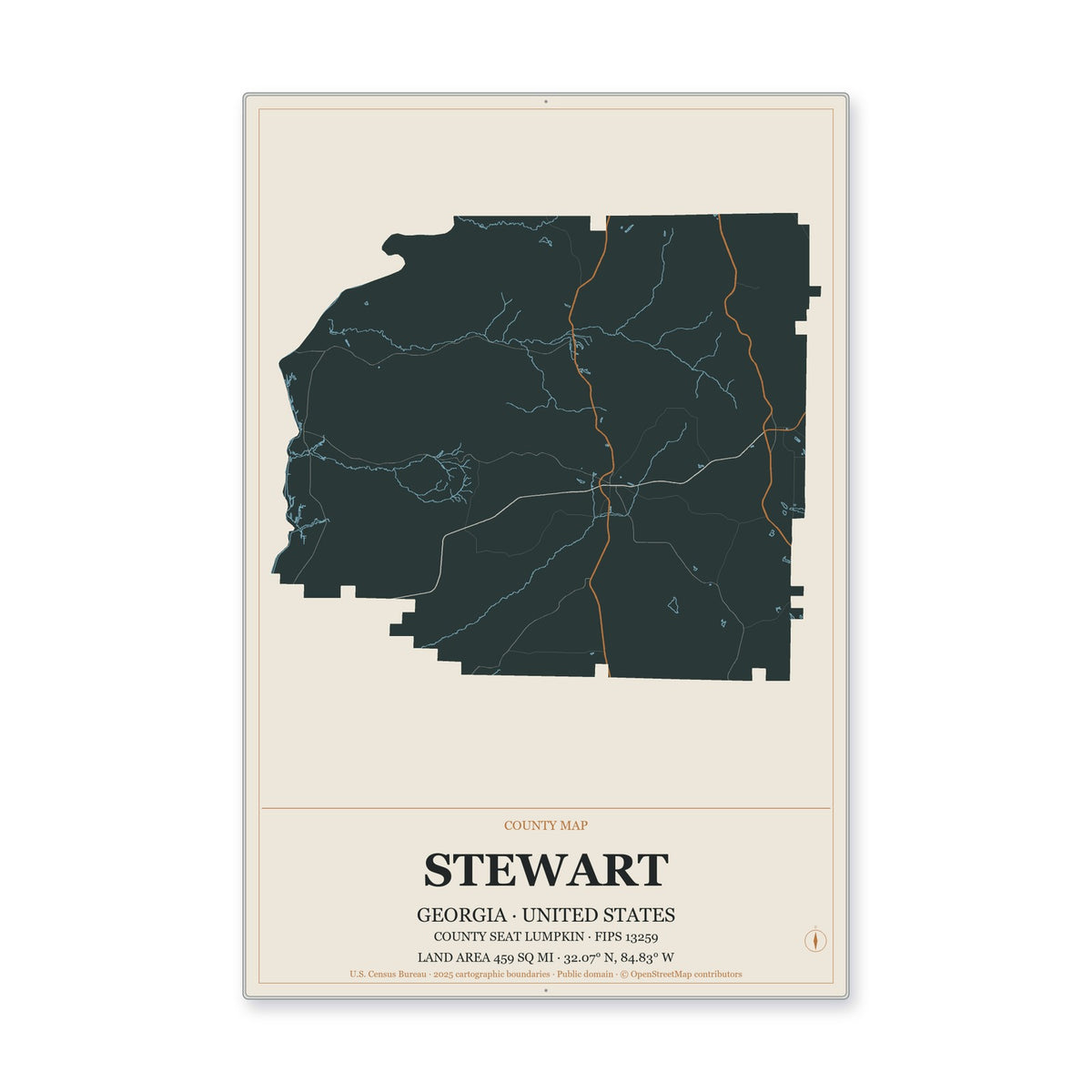 Stewart County, Georgia Map Aluminum Sign in Headline Atlas style