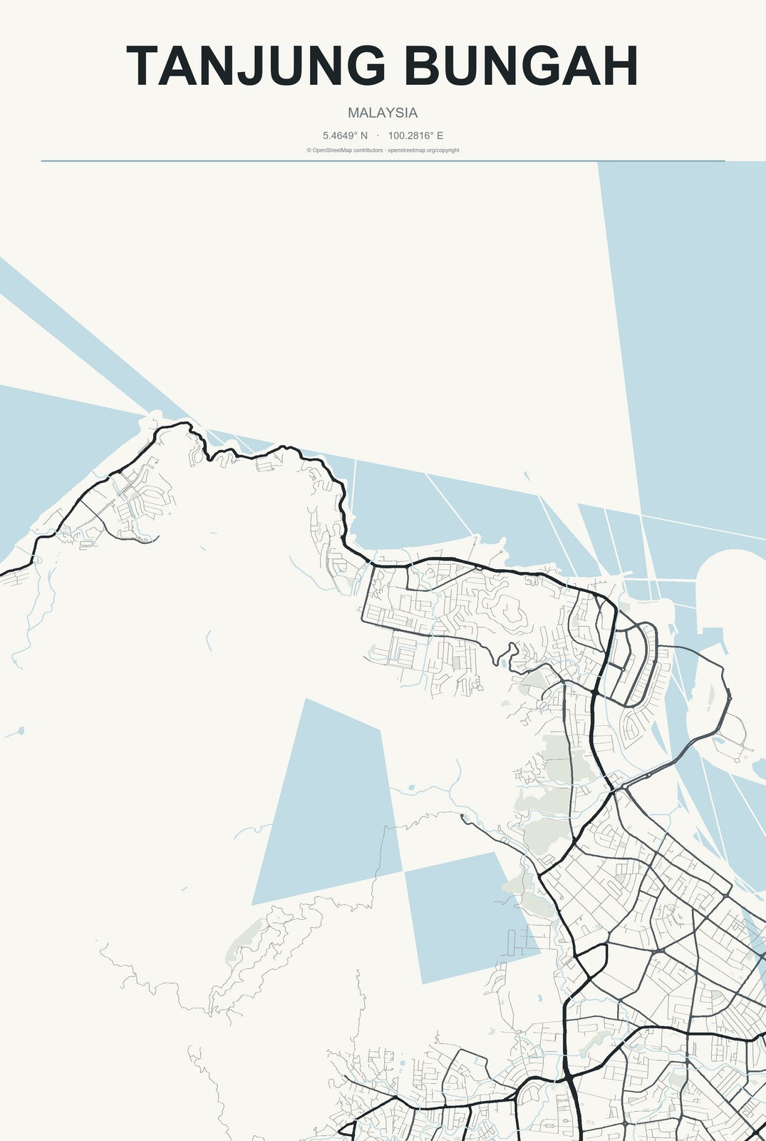 Tanjung Bungah, Malaysia City Map Aluminum Sign in Headline Atlas style
