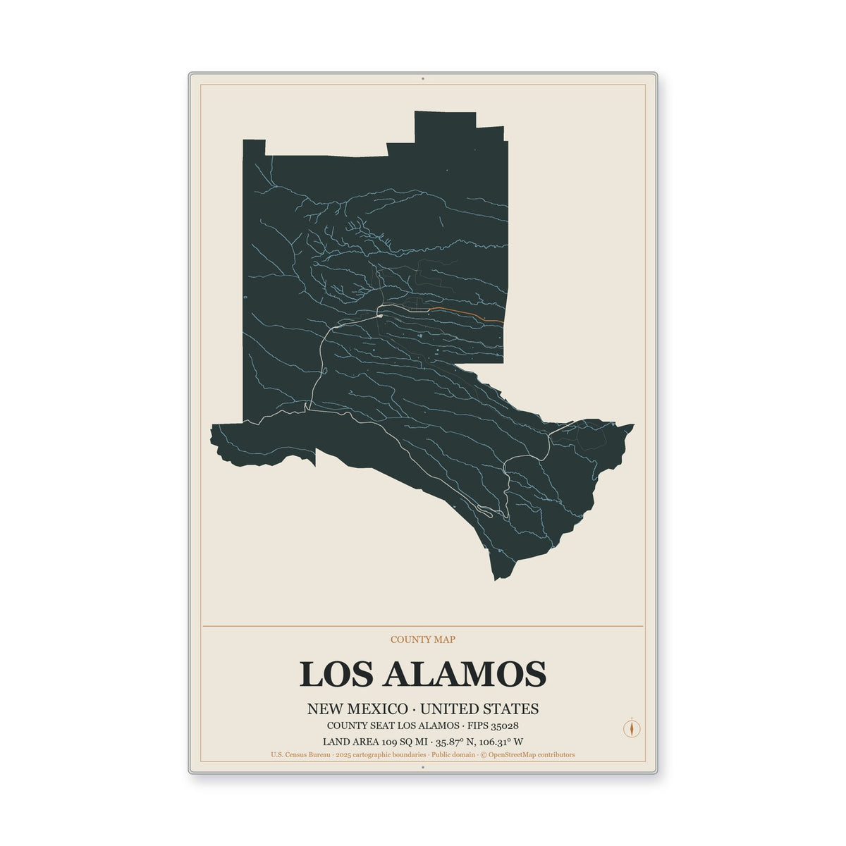 Los Alamos County, New Mexico Map Aluminum Sign in Headline Atlas style