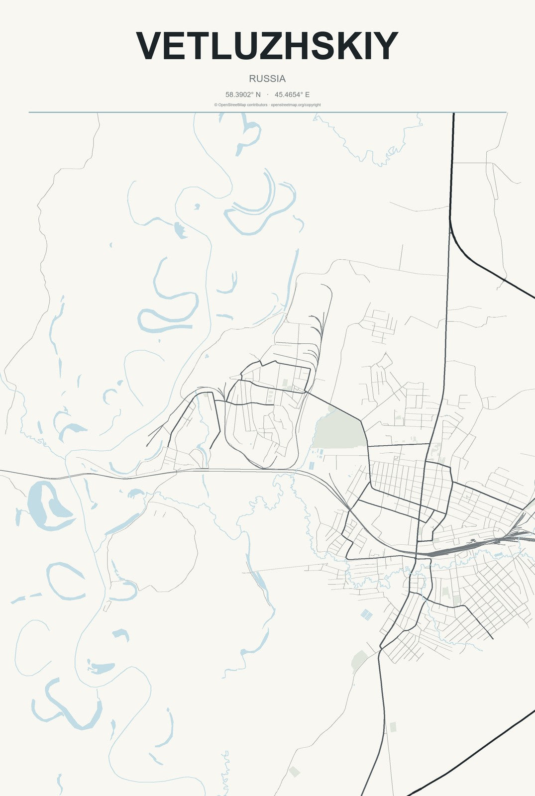 Vetluzhskiy, Russia City Map Aluminum Sign in Headline Atlas style