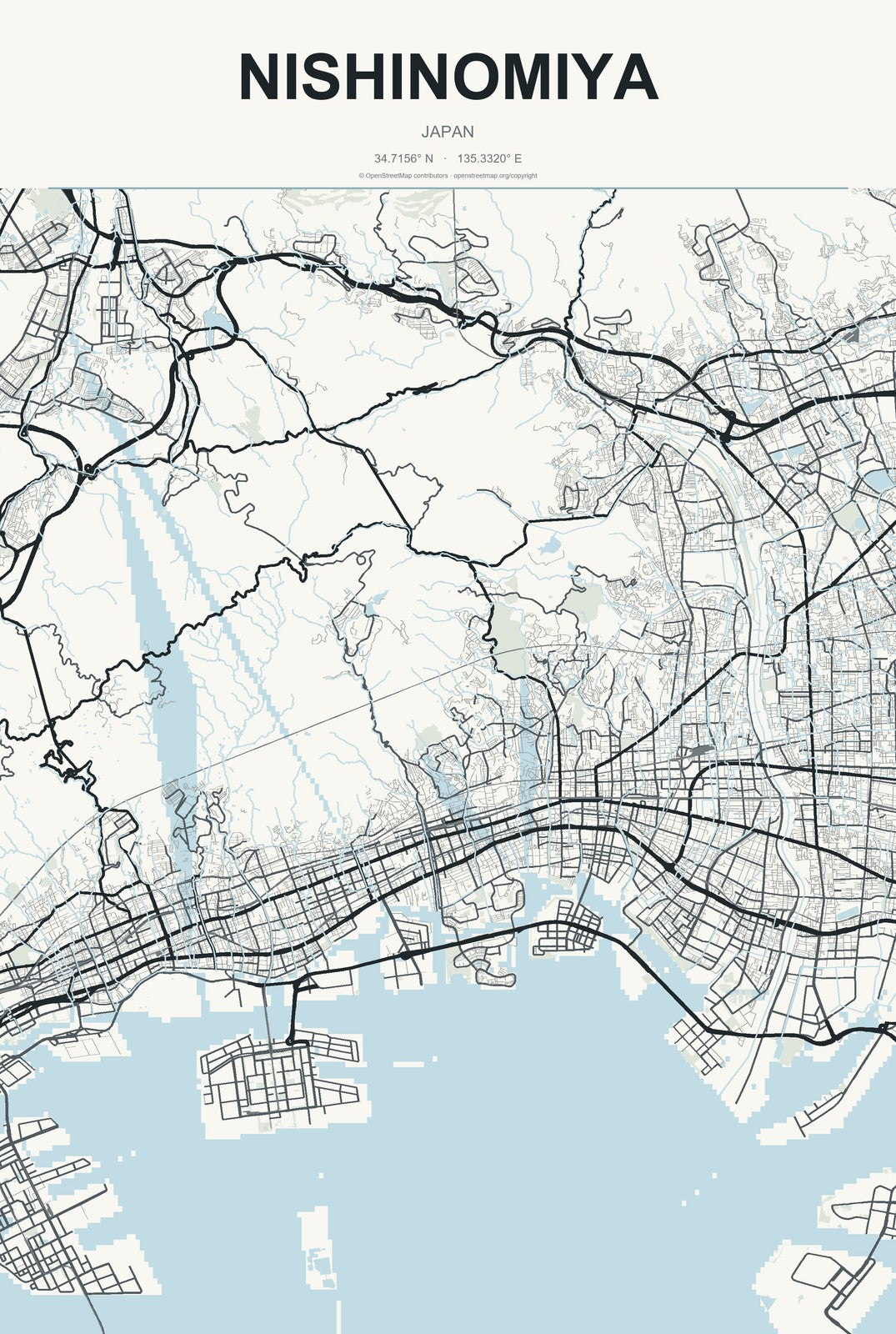 Nishinomiya, Japan City Map Aluminum Sign in Headline Atlas style