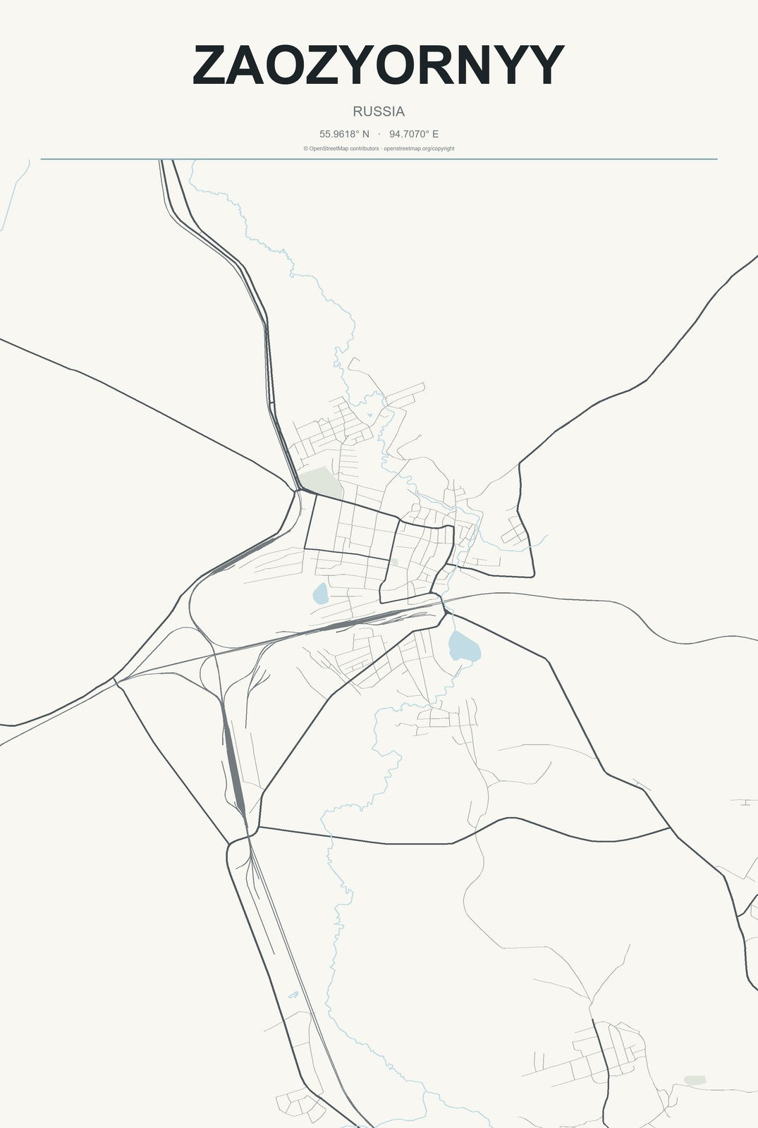 Zaozyornyy, Russia City Map Aluminum Sign in Headline Atlas style