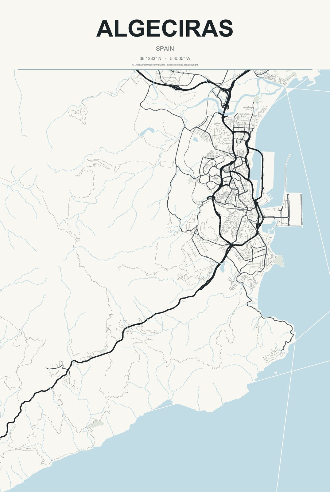 Algeciras, Spain City Map Aluminum Sign in Headline Atlas style