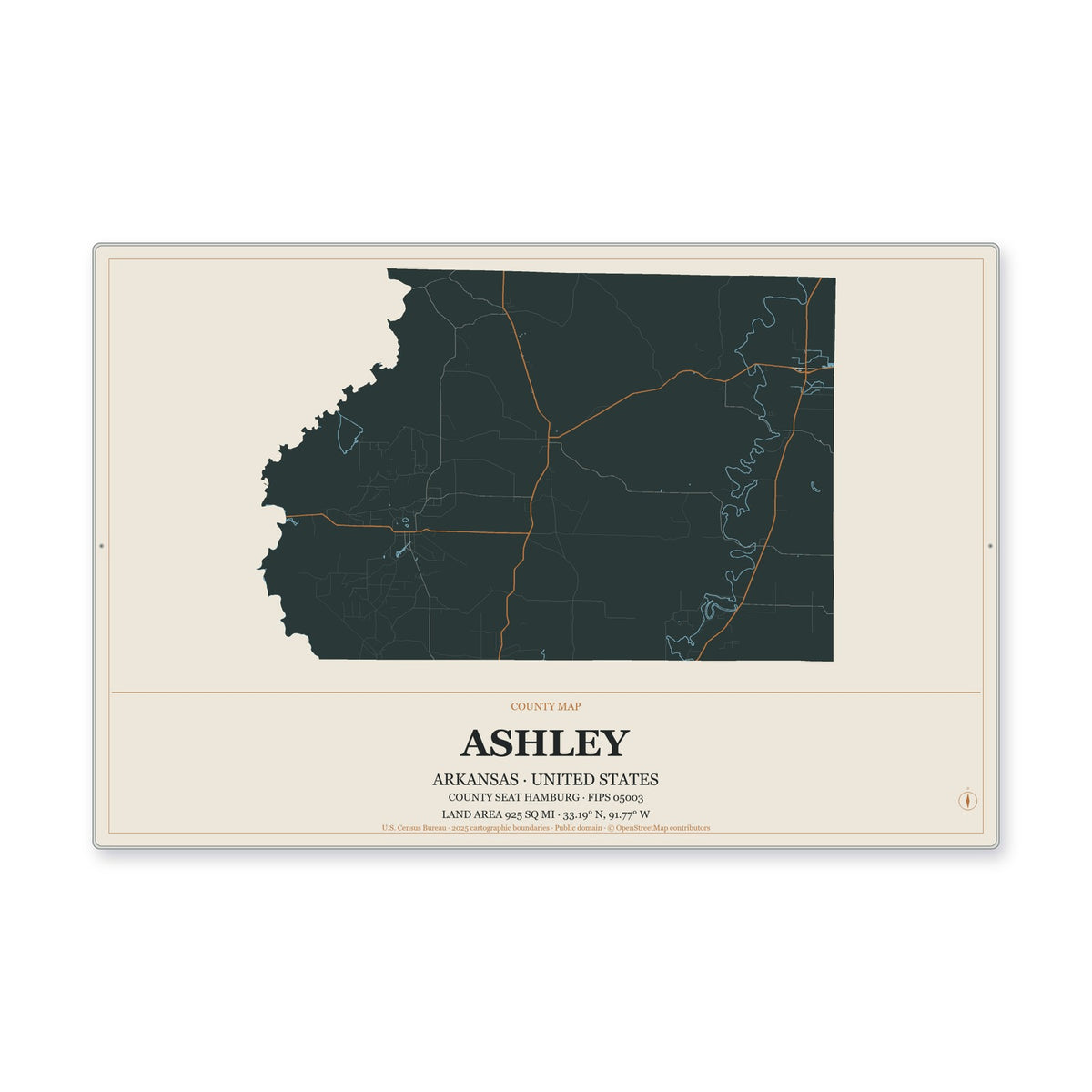 Ashley County, Arkansas Map Aluminum Sign in Headline Atlas style