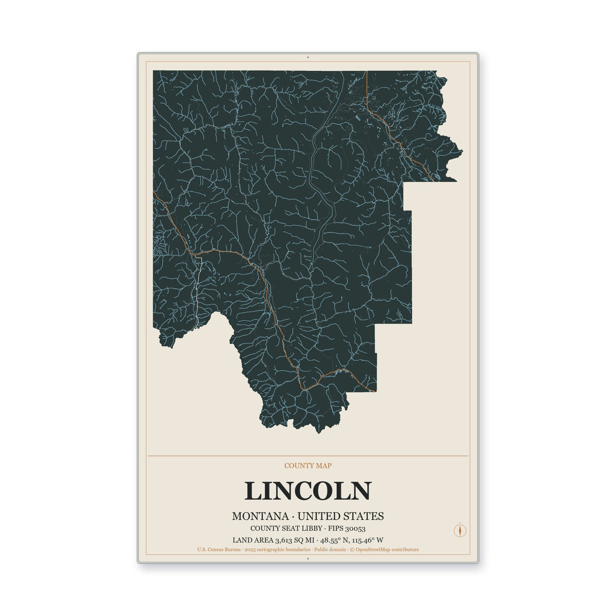 Lincoln County, Montana Map Aluminum Sign in Headline Atlas style