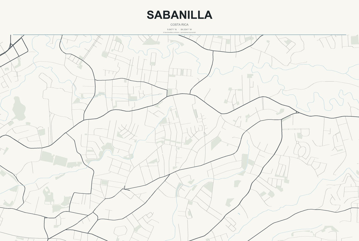 Sabanilla, Costa Rica City Map Aluminum Sign in Headline Atlas style
