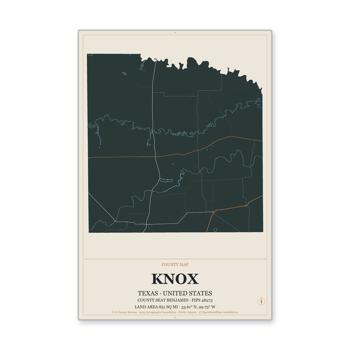 Knox County, Texas Map Aluminum Sign in Headline Atlas style