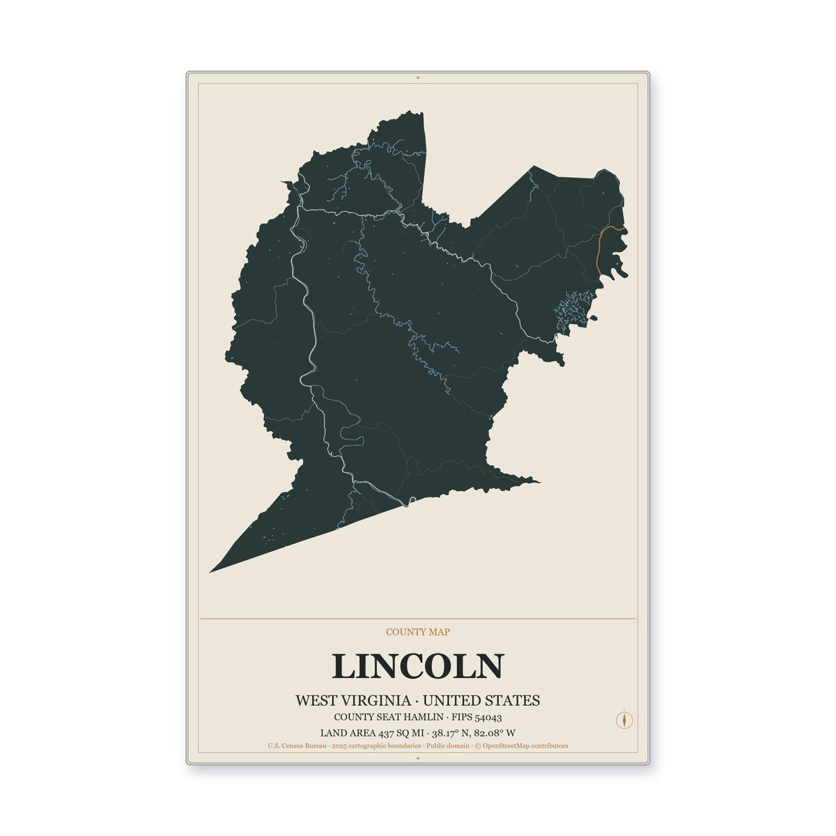 Lincoln County, West Virginia Map Aluminum Sign in Headline Atlas style