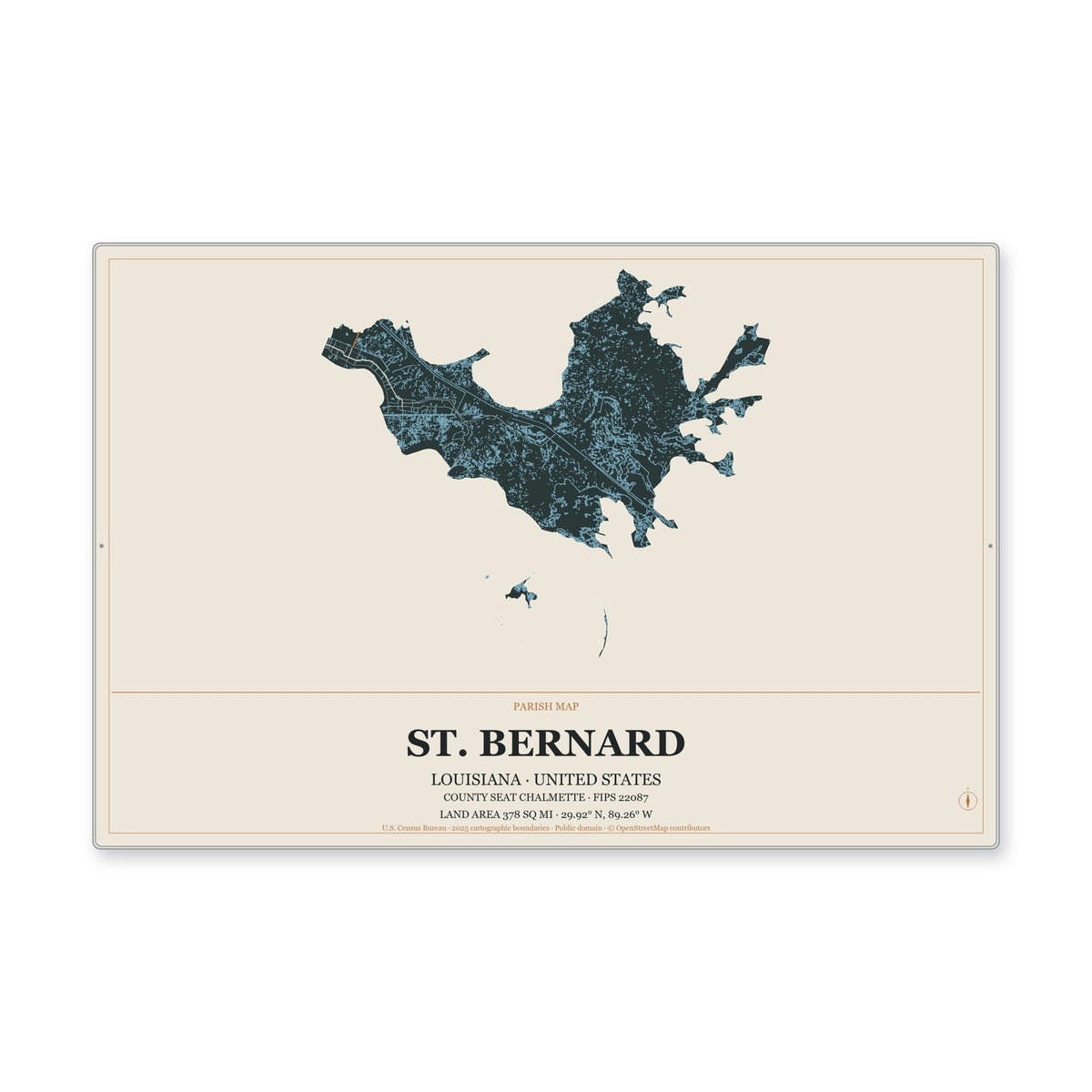 St. Bernard Parish, Louisiana Map Aluminum Sign in Headline Atlas style