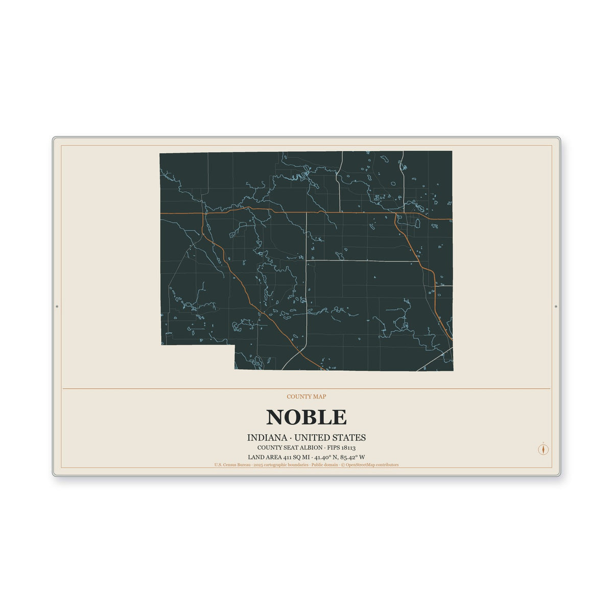 Noble County, Indiana Map Aluminum Sign in Headline Atlas style