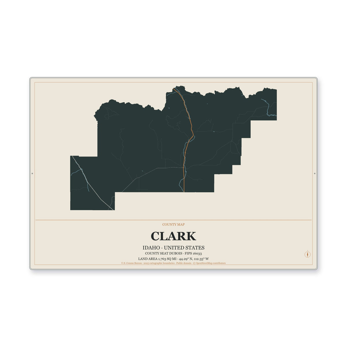 Clark County, Idaho Map Aluminum Sign in Headline Atlas style