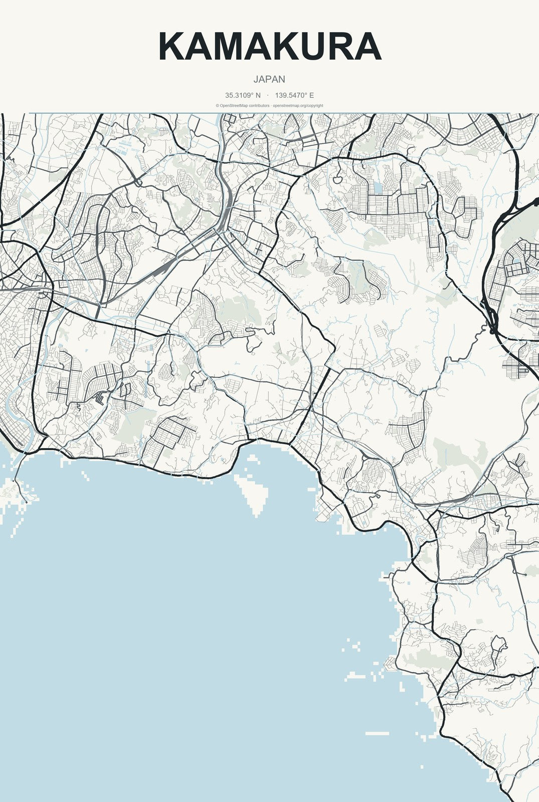 Kamakura, Japan City Map Aluminum Sign in Headline Atlas style