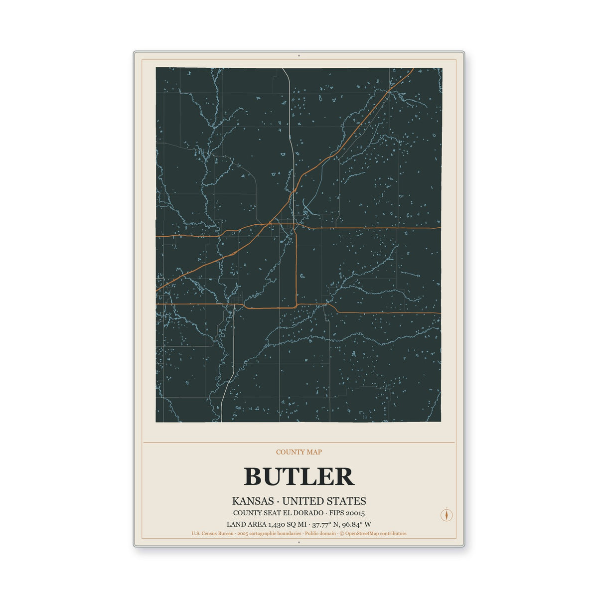 Butler County, Kansas Map Aluminum Sign in Headline Atlas style