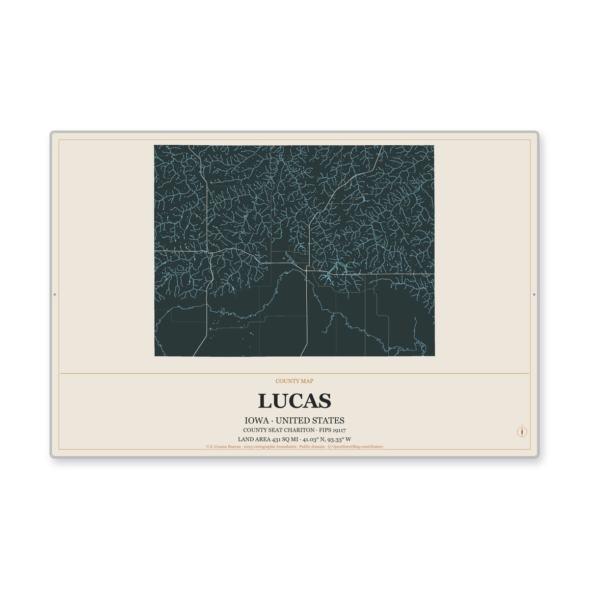 Lucas County, Iowa Map Aluminum Sign in Headline Atlas style