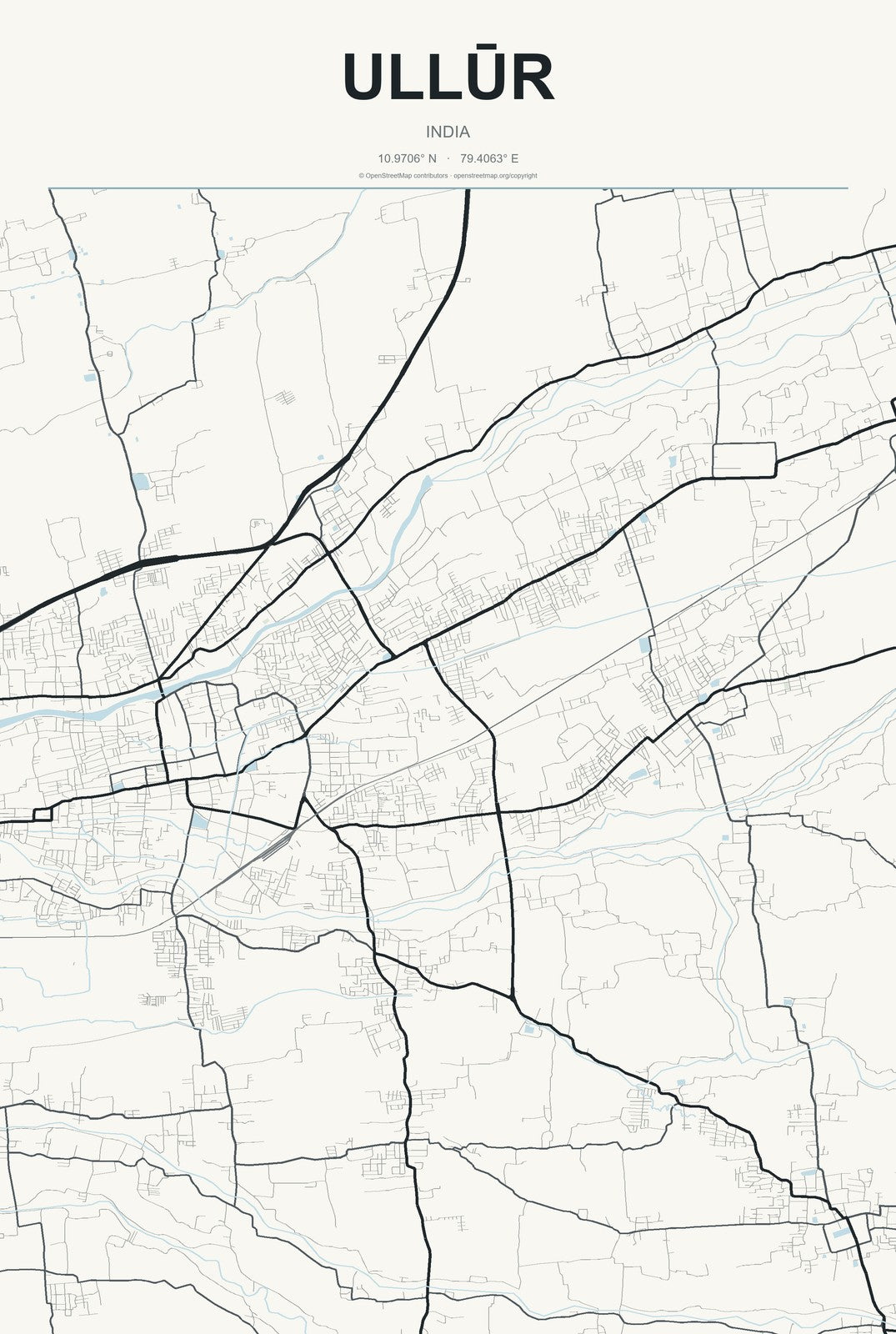 Ullūr, India City Map Aluminum Sign in Headline Atlas style