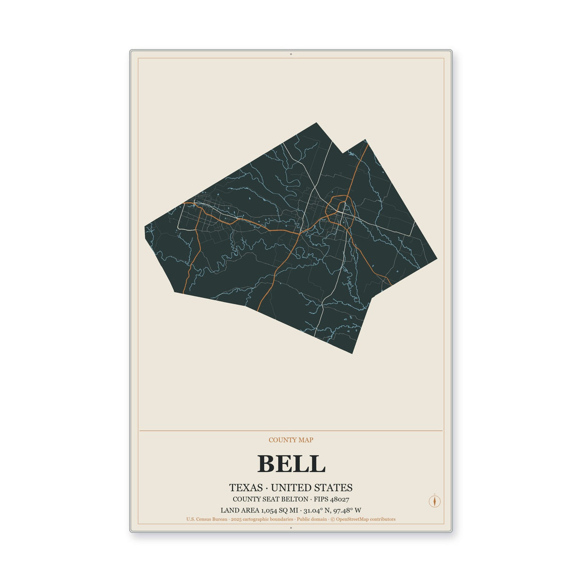 Bell County, Texas Map Aluminum Sign in Headline Atlas style