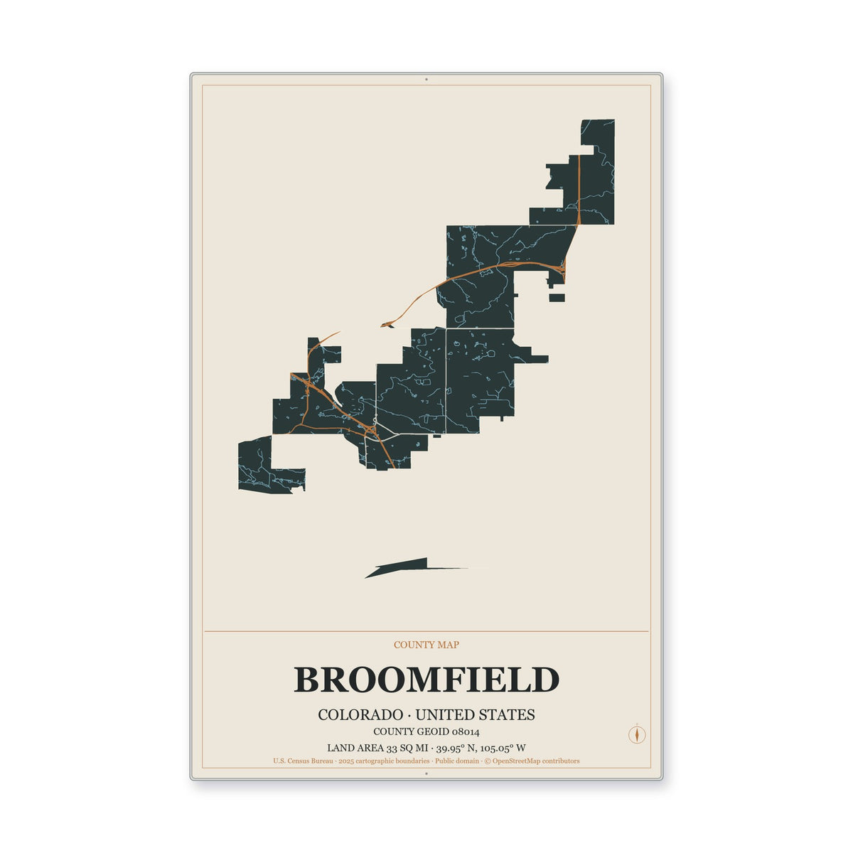 Broomfield County, Colorado Map Aluminum Sign in Headline Atlas style