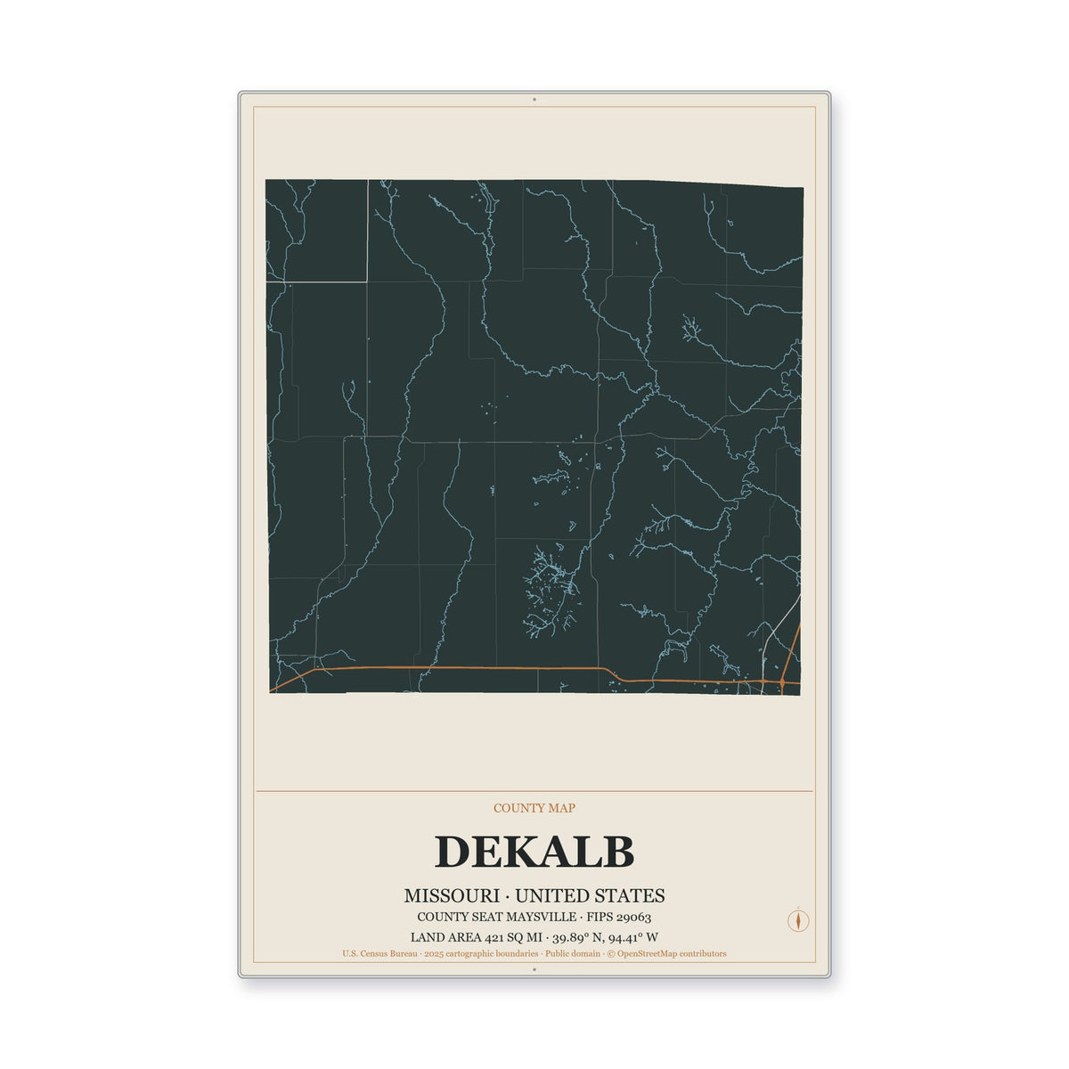 DeKalb County, Missouri Map Aluminum Sign in Headline Atlas style