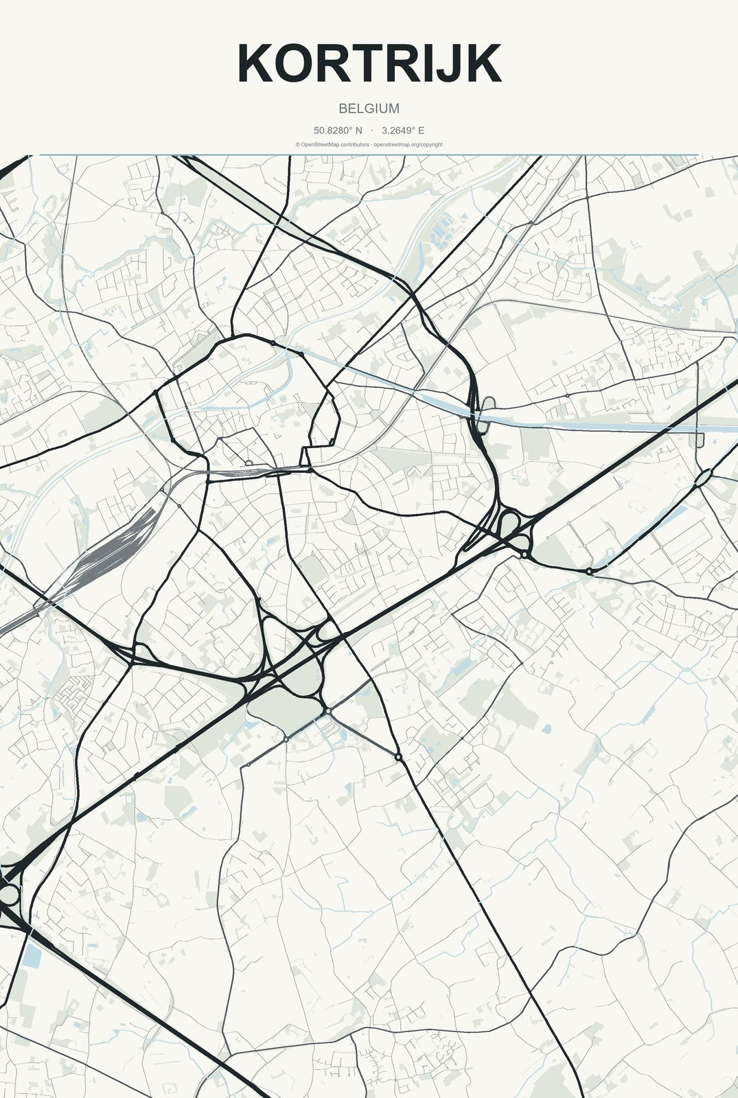 Kortrijk, Belgium City Map Aluminum Sign in Headline Atlas style