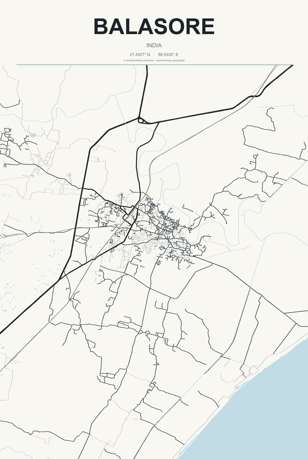 Balasore, India City Map Aluminum Sign in Headline Atlas style