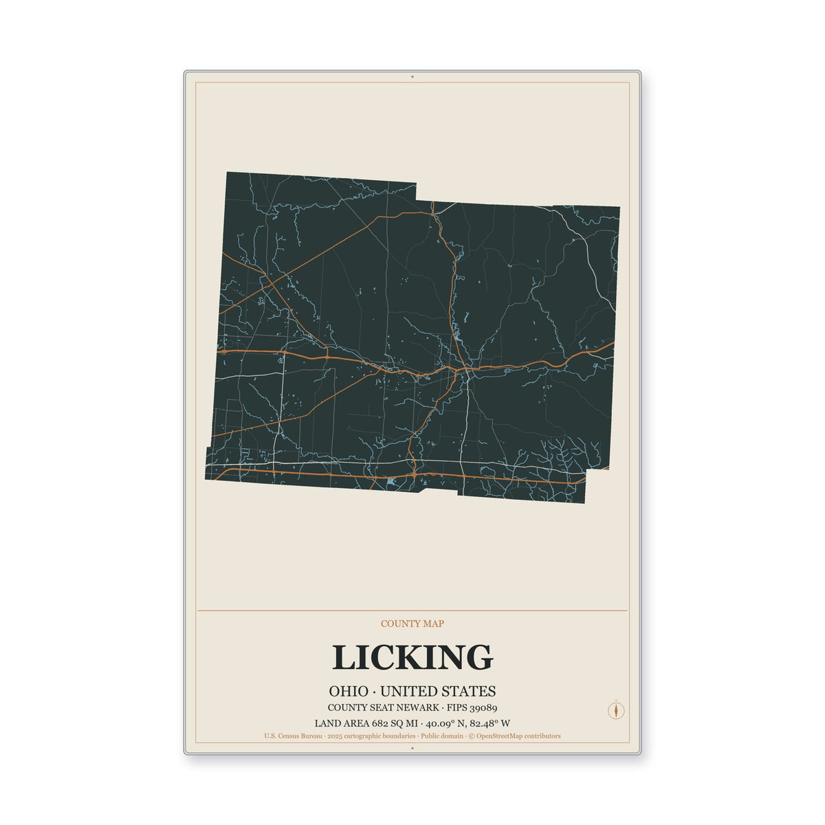 Licking County, Ohio Map Aluminum Sign in Headline Atlas style