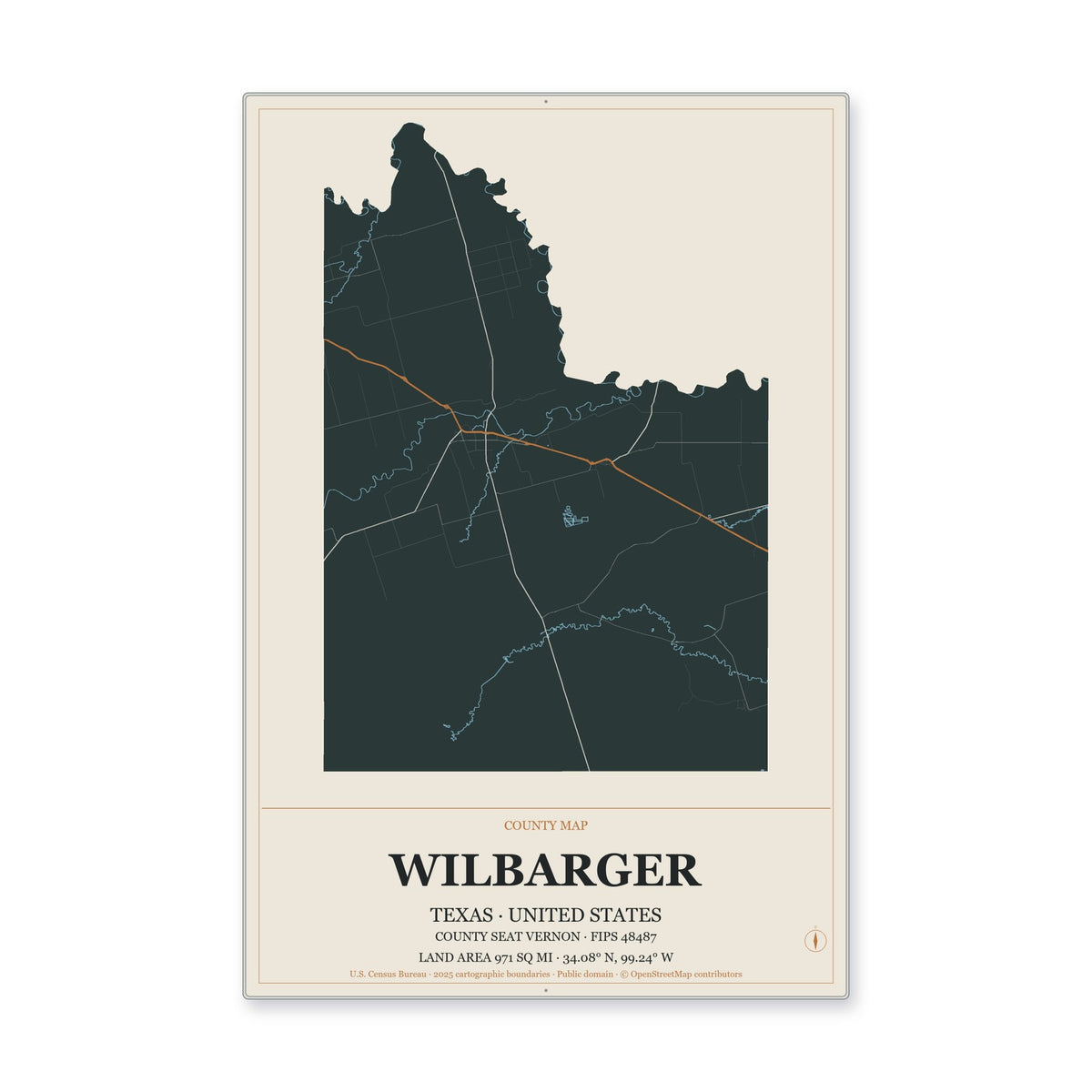 Wilbarger County, Texas Map Aluminum Sign in Headline Atlas style