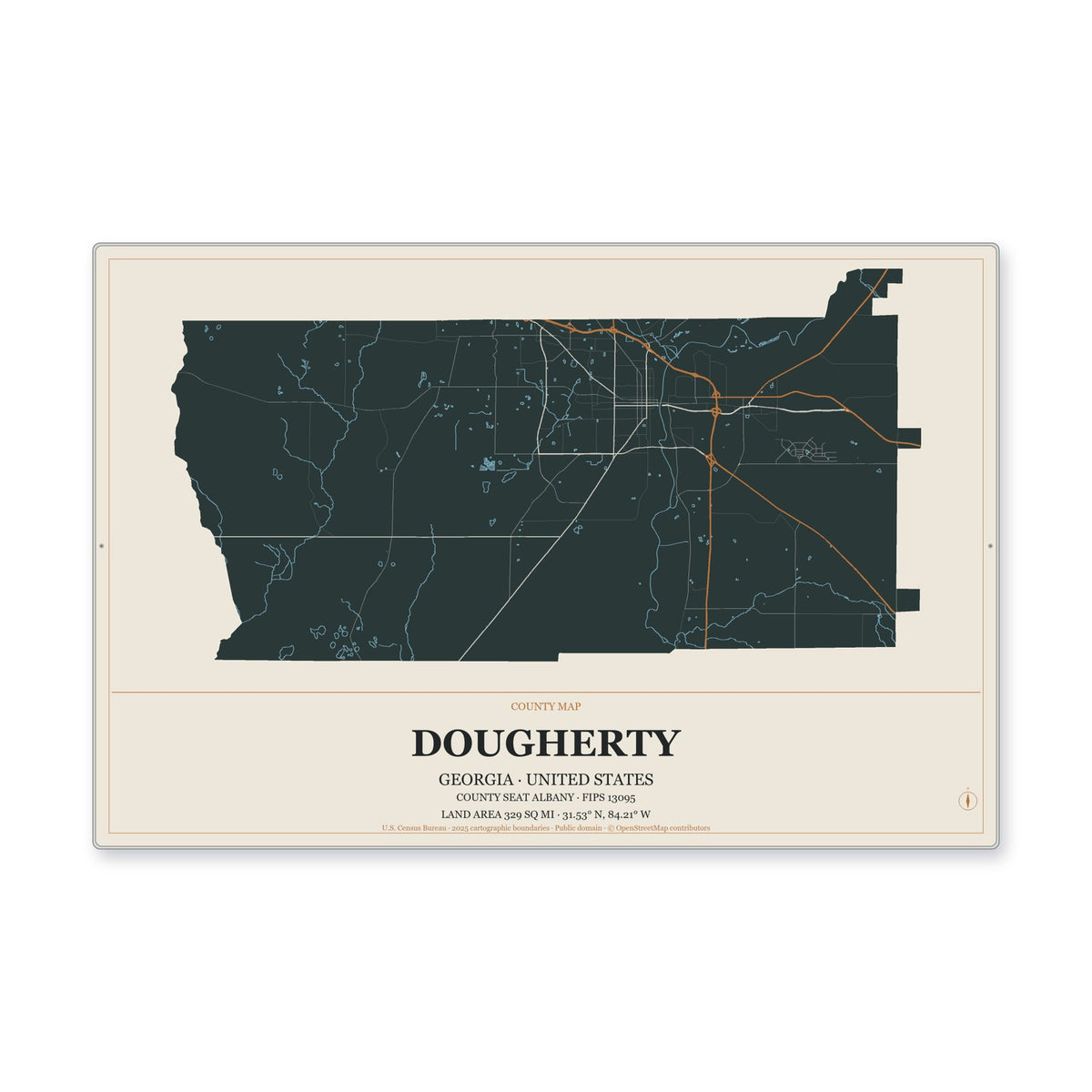 Dougherty County, Georgia Map Aluminum Sign in Headline Atlas style